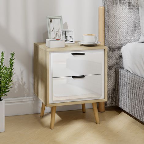 Table de chevet étroite, table d'appoint 2 tiroirs silencieux et pieds en bois massif, 40 x 35 x 50 cm, blanc brillant (1/5)