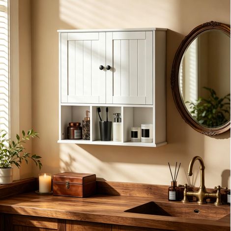 Armoire murale de salle de bains en MDF blanc avec 2 portes et étagères ouvertes OKWISH (1/5)