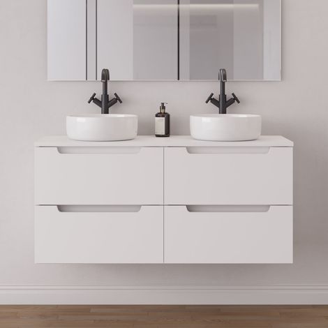 Meuble de salle de bain 140cm avec plateau et 2 vasques à poser rondes - 4 tiroirs - sans miroir - blanc mat - SONRIZA (1/5)