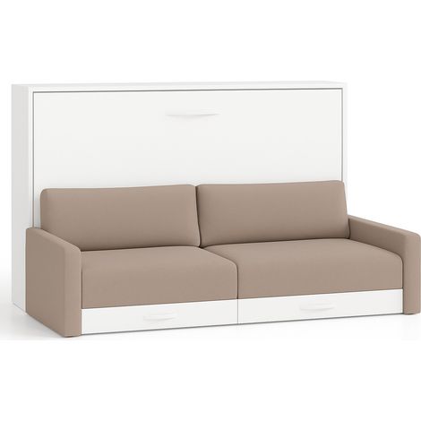 Lit escamotable horizontal avec canapé Vetal 140x190-Canapé Beige-Structure et Façade Blanche (1/5)