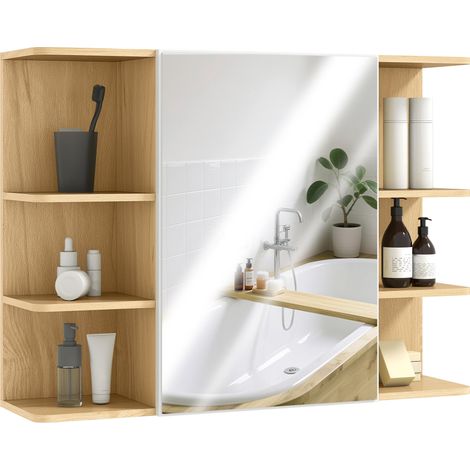 Armoire de salle de bain murale avec miroir, porte et étagères ouvertes, 80 x 20 x 59 cm, naturel idéal pour salon, chambre à coucher ou bureau facile à assembler avec instructions incluses (1/5)