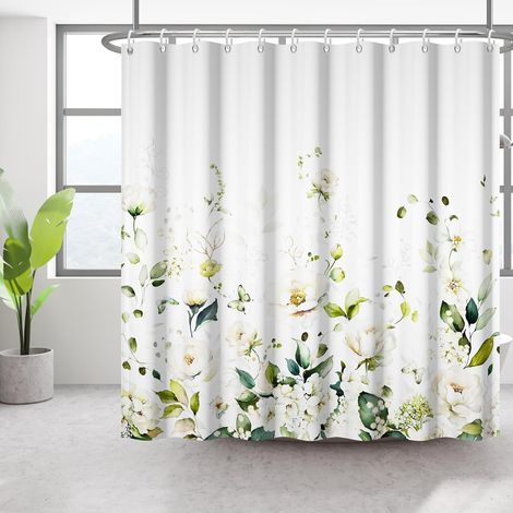 Fleurs Plantes Rideau de Douche Blanc Daffodile Papillon Rideau de Douche imperméable Feuille Verte Plante Branche Polyester Salle de Bain Baignoire avec 12 Crochets 175x178cm (1/5)
