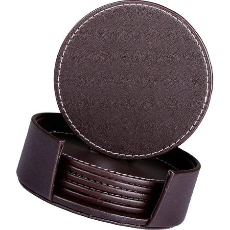 6 posavasos de cuero con soporte, protegen los muebles de arañazos y manchas de agua (marrón) (1/5)