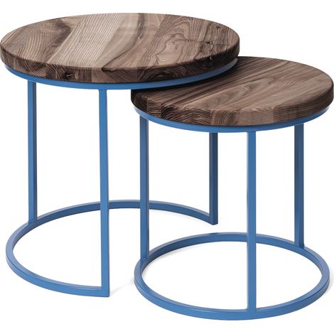 LAMO Manufaktur Couchtisch rund 2er Set - Beistelltisch Holz - Wohnzimmertisch rund, Kaffeetisch, Sofatisch modern, Holztisch für Wohnzimmer, Schlafzimmer- Farbe: Ebenholz, Beine: Blau (1/5)