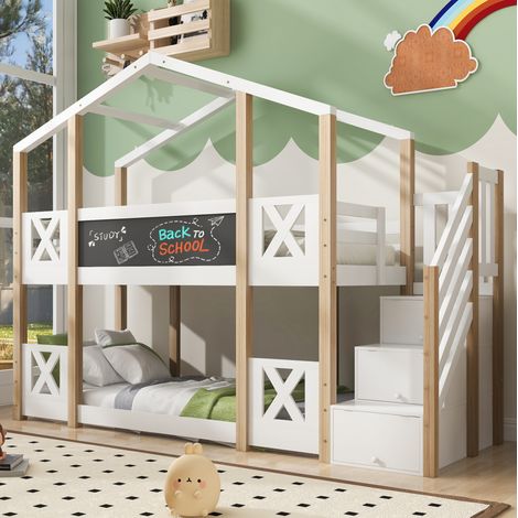 Litera 90x200 cm de madera blanca y natural, con almacenaje para niños, sin colchón -FLORAGRACE (1/5)