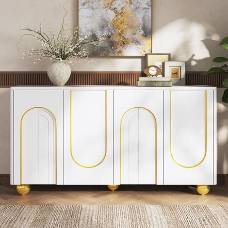 Aparador MEUBLIV 140 x 40 x 74 cm blanco – 4 puertas, almacenaje, patas metálicas (1/5)