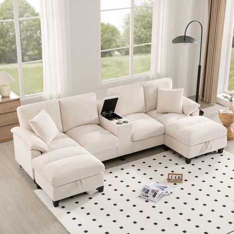 Canapé d’angle en u 4 places avec rangement, tissu corduroy, porte-gobelets inox et ports usb, salon ou appartement (1/5)