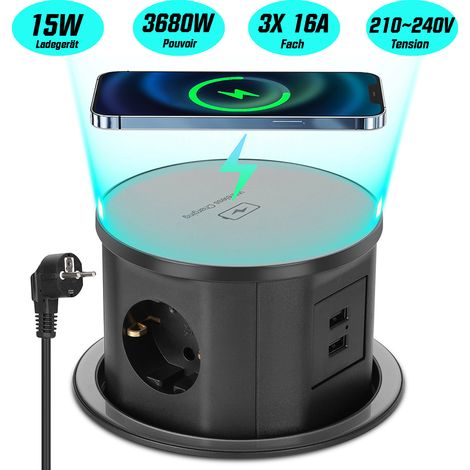 Multiprise escamotable 2 USB A, 3 prises, avec chargeur sans fil 15 W, pour plan de travail, cuisine, maison, bureau 3680 W/16 A, 1,8 câble, D 120 mm