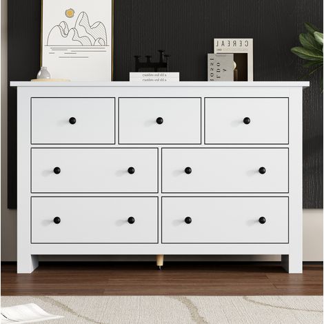 Sideboard mit 7 Schubladen, weißes Aufbewahrungsmöbel aus Spanplatte 152 x 40 x 88,5 cm HAVRYA (1/5)