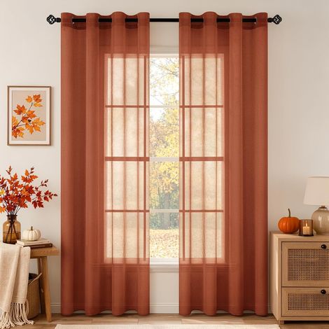 Rideaux Voilage Transparent Rouge Brique 2 Panneaux 140x260cm Décoration pour Chambre Salon, Couleur Pure Rideaux, Transparents Lisse Voile, à œillets (1/5)