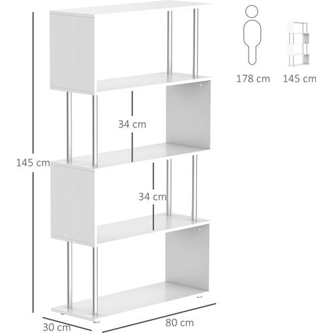 Bibliothèque à 4 niveaux, design moderne, en bois et métal, pour salon, bureau ou bibliothèque, 80 x 30 x 145 cm, blanche (1/5)