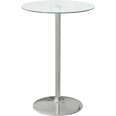 Table de bar haute, table de cuisine ronde avec plateau en verre trempé et piètement en acier, table bistro pour 2 personnes, transparente