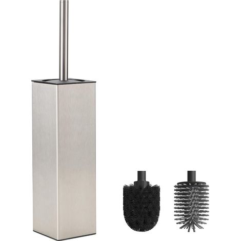 Silberne Toilettenbürste aus Metall – 1 Halter mit 2 Bürstenköpfen – Robustes Aluminium – Freistehendes, quadratisches Design – Für moderne Badezimmer – Satinierte Oberfläche (1/5)