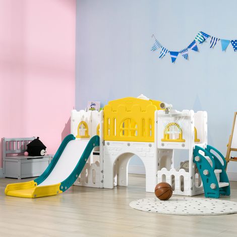 Toboggan pour enfants, structure de jeu 7 en 1 avec panier de basket et volant, pour les 1 à 3 ans, 178 x 177 x 99 cm, jaune/blanc/vert (1/5)