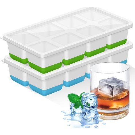 Grand Bac a Glacon,2 Pièces Moule à Glaçons,Bac à Glaçons en Silicone avec Couvercle pour Cocktails, Bière, Vin,Boissons Réfrigérées,Sans BPA, Empilable Reutilisable(Vert + Bleu) (1/5)