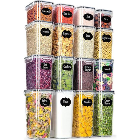 Kitchen Storage Box Set of 16 – BPA-Free Plastic – Airtight Food Storage Box with Lid – Organisation for Cereals Pasta Flour Kitchen Organizer BPA Free Moth Proof Food Storage Box with Labels (1/5)