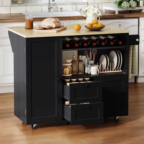 Îlot de cuisine mobile avec plan de travail rabattable, desserte, meuble de rangement, buffet avec porte-serviettes, tiroir, casier à vin intégré et roulettes verrouillables, 104 × 45 (69) × 89 cm (1/4)
