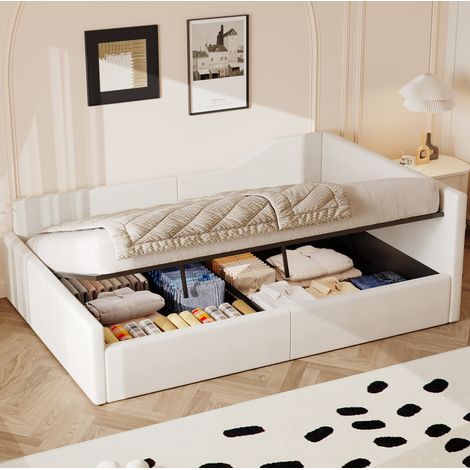 Lit de jour 210,5/148,5/77 cm beige en bois et lin avec rangement sous le couchage (1/5)