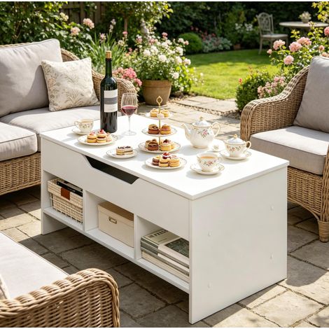 Mesa de centro elevable blanca de madera 96 cm con arcón oculto y 3 compartimentos abiertos (1/5)
