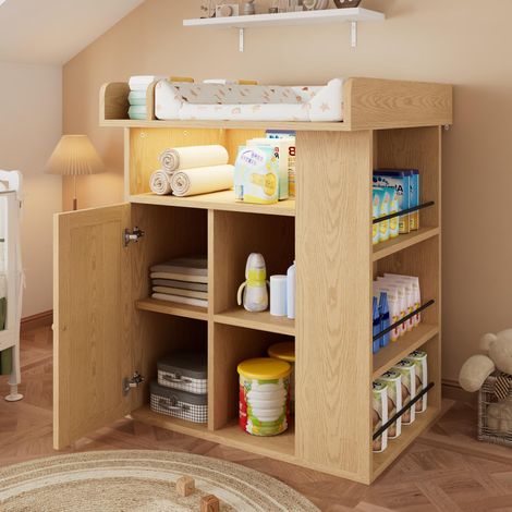 Table à langer en bois, couleur naturelle, avec éclairage LED réglable (couleur et luminosité), grand espace de rangement et rangement latéral, espace à langer avec séparateur.