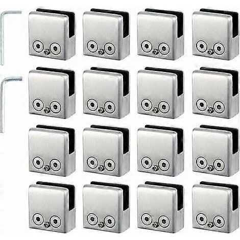 Lot de 16 pinces à verre en acier inoxydable 304 - pince à verre carrée - pince à verre plate réglable pour balustrade d'escalier - main courante polie - (carré 8-10 mm) (1/4)