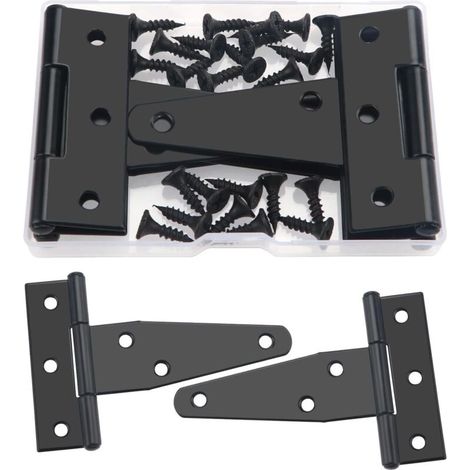 Charnières en T 7,6 cm, 4 pièces, métal, 24 vis, portails, abris de jardin, fenêtres, clôtures, salles de rangement, noir (1/4)