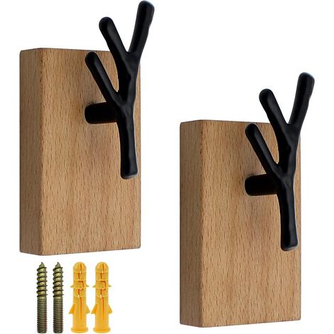 Lot de 2 cintres muraux en alliage de zinc et bois, en forme de branche, avec étagère pour manteaux, chapeaux et serviettes.