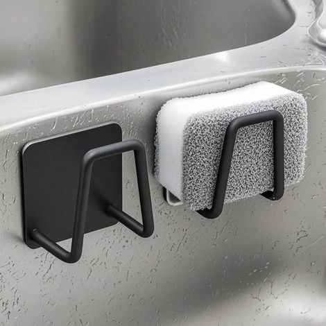 Porte-éponges en acier inoxydable 2 pièces sans perçage - support d'égouttage auto-adhésif avec bac de récupération, convient aux éponges, (noir) (1/5)