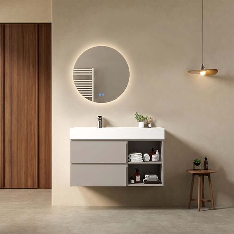 Mobile bagno sospeso 100 cm Grigio Cenere Lavabo a Sinistra in Resina Specchio Tondo Retroilluminato - Fiji Paint Plus