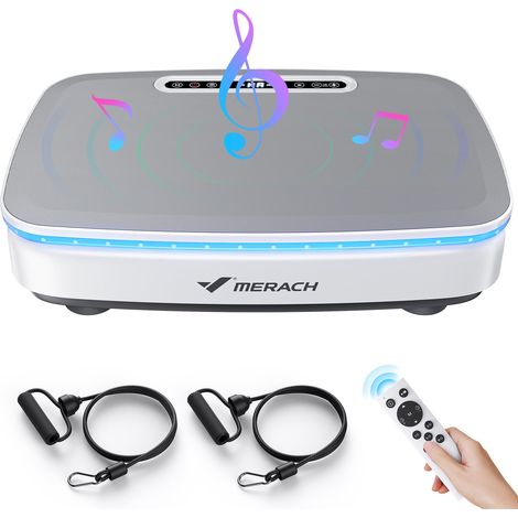 Plateforme Vibrante motorisée, 7 programmes, 99 Vitesses, Antidérapant, Écran LED, Télécommande, Bluetooth, 150kg Max, Blanc, MERACH