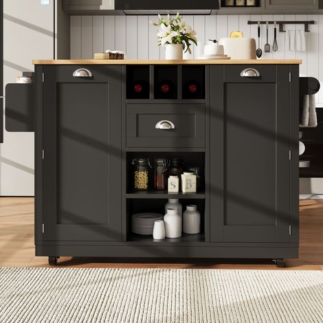 Îlot de cuisine, chariot de salle à manger avec plan de travail, buffet, chariot de salle à manger avec veinage bois, porte-serviettes latéral, avec casier à vin, à roulettes, noir (1/5)