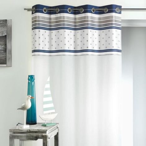 Voilage en voile avec parement à rayures horizontales Bleu Marine 140x240 cm
