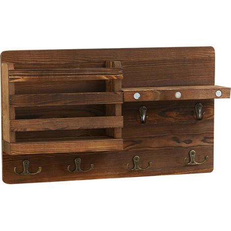 Porte-Courrier Grand Format en Bois Massif avec Crochets à Clés, Organisation Murale pour Entrée, Couloir, Bureau ou Cuisine