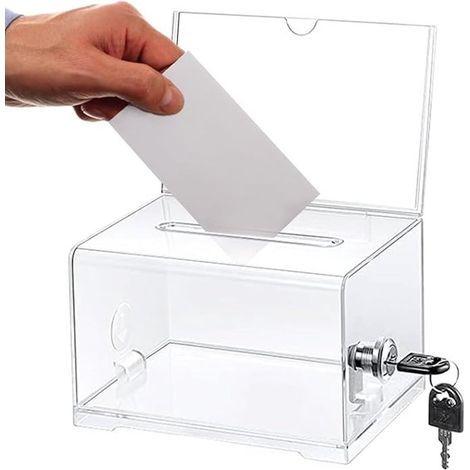 Caja acrílica transparente con cerradura de llave: urna, hucha y buzón de comentarios con cerradura, concursos y tarjetas de visita (1/5)
