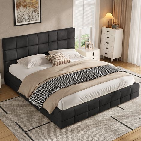 Lit plateforme rembourré 180x200 cm avec tête de lit Lit double avec sommier à lattes-structure MDF et contreplaqué-Velours-Noir (1/5)