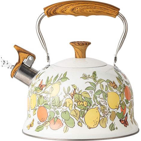 Bouilloire à thé avec poignée rabattable anti-chaleur, 3 L, en acier inoxydable, avec sifflet, motif citron et poignée anti-chaleur. Idéale pour le thé et le café. (1/5)