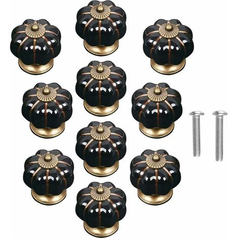 10 pomos de cerámica vintage con forma de calabaza para puerta de armario, cajón, gabinete, decoración del hogar, color negro (1/5)