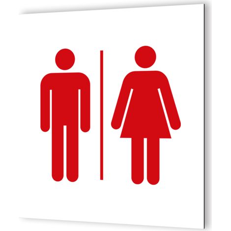 Pictogramme Toilettes Mixtes - Plaque de porte en Dibond blanc - Picto rouge visible - 20x20 cm, épaisseur 3 mm, fixation multiple (1/5)