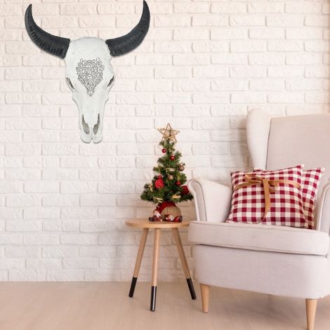 Décoration murale rétro en forme de crâne de taureau à longues cornes, idéale pour un café, un bar ou un salon. Fond d'os d'animal. (1/5)