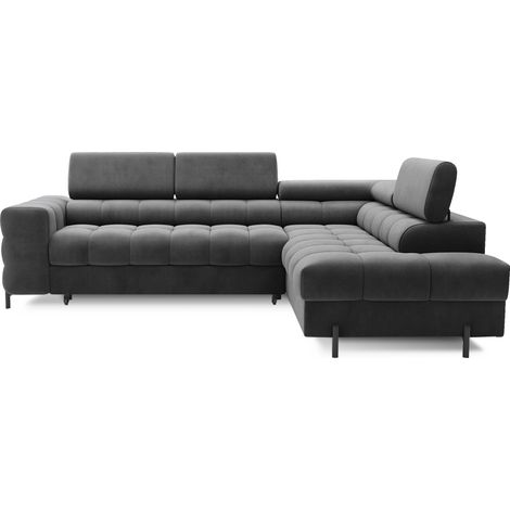 Canapé d'angle convertible en tissu appuis-tête réglables LUCCINO - Coffre et pieds métal noir angle droit-Gris foncé-angle droit (1/5)
