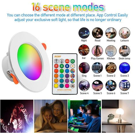 Lot de 4 spots LED encastrés 10W (équivalent 60W) RGBW, changement de couleur, gradation, IP44, blanc chaud 2700K, ronds, avec télécommande. (1/5)