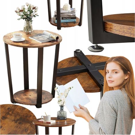 Tavolino rotondo in legno, con 2 ripiani, tavolino laterale, stile loft industriale (1/5)