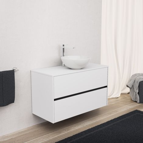 Inda - Badezimmerschrank 2 Schubladen L.100 mit Aufsatzwaschbecken / Mattweiß - diamante (1/5)