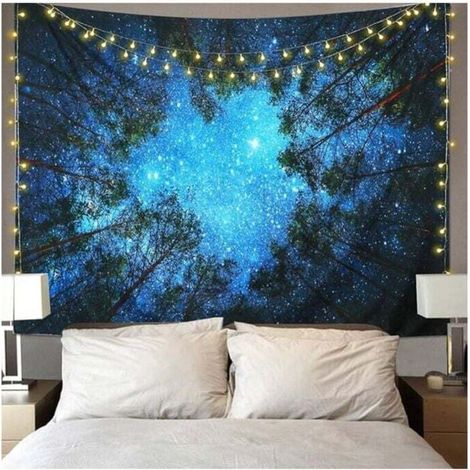 Tapiz de pared Galaxia Bosque Estrellado, Tapiz de pared Cielo Estrellado Psicodélico, Tapiz Azul, Decoración para Dormitorio y Sala de Estar (1/4)