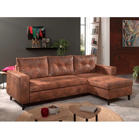 Bestmobilier – Canapé d'angle réversible 4 places convertible – Style industriel vintage – Revêtement microfibre marron – Coffre de rangement sous méridienne (1/7)
