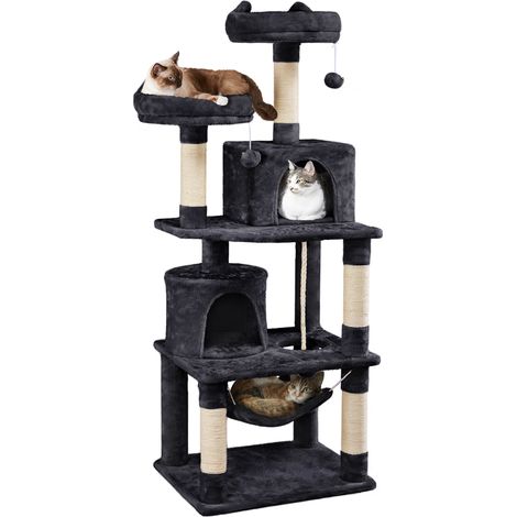 Yaheetech Tiragraffi Albero per Gatti Adulti 61 x 49 x 158 cm con Giocattolo per Gatto 2 Palle Cuccia Graffiatoio in Corda Sisal Naturale Nero