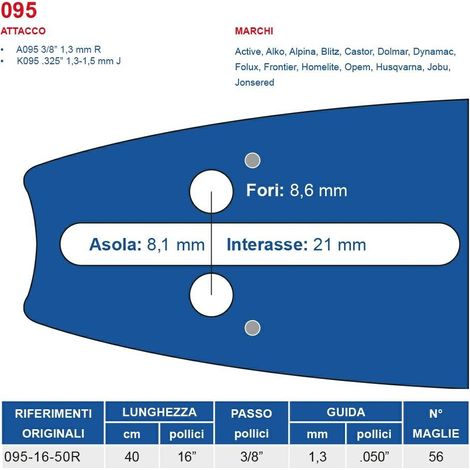 Barra motosega 40 cm - 16" passo 3/8", spessore 1.3 mm - .050" attacco 095, 56 maglie 451797