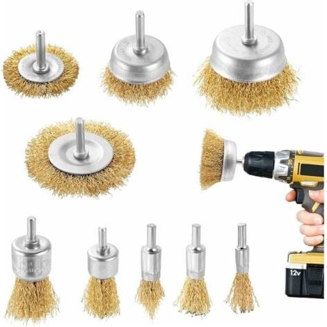 9Pieces Brosse metallique pour perceuse métallique meuleuse circulaire avec kit de brosse à tige 1/4 pouce pour l'élimination de la rouille/corrosion/peinture (1/4)