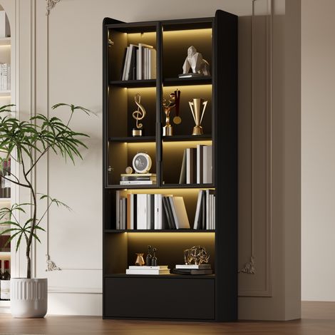 Vitrine haute 80 x 34 x 180 cm avec 1 tiroir, portes en verre, LED, noire HAVRYA (1/5)