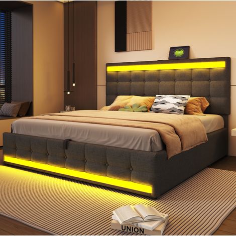 Cama tapizada de tela gris 180x200 cm con LED RGB, USB y cabecero ajustable (1/5)